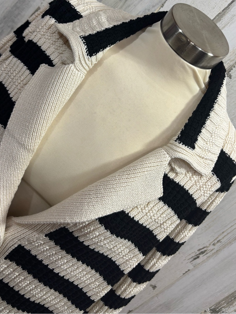 Maeve by Anthropologie Greta Black & Cream Striped Ribbed Button Polo Cardigan - Picture 6 of 14